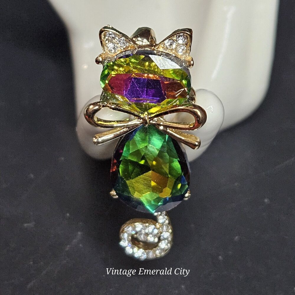 Goldtone Mr. Cat Bow Cyrstal Brooch Rhinestone Tail & Ears Iridescent Kitty Pin - Picture 12 of 13